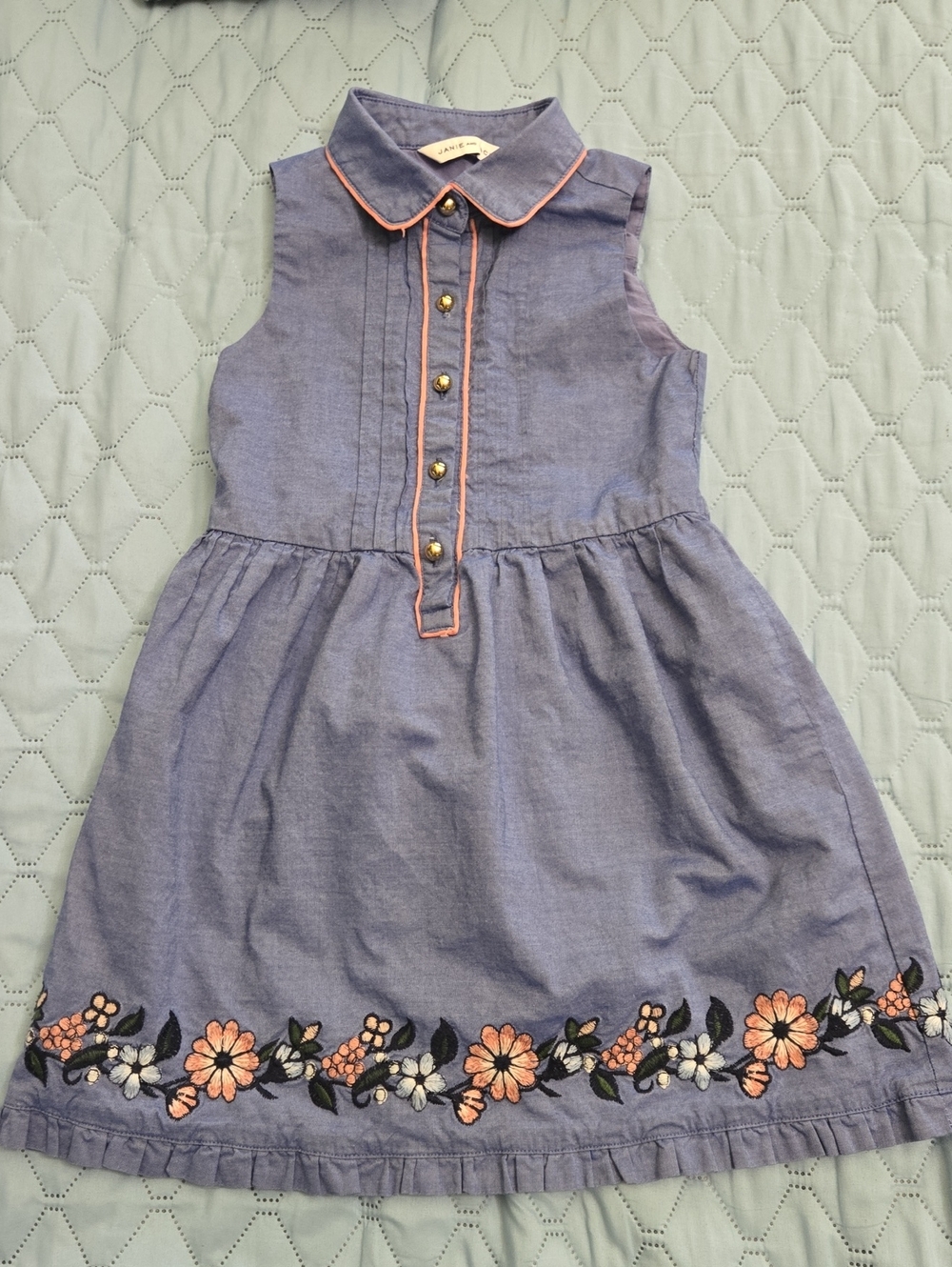 Janie and Jack Blue Chambray Dress with Pink Trim and Floral Embroidery